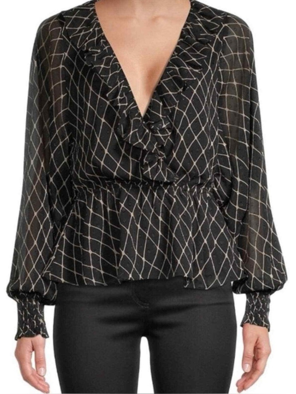 Allison New York Peplum Black Ruffled Plaid Pattern Long Sleeve Blouse Size XS